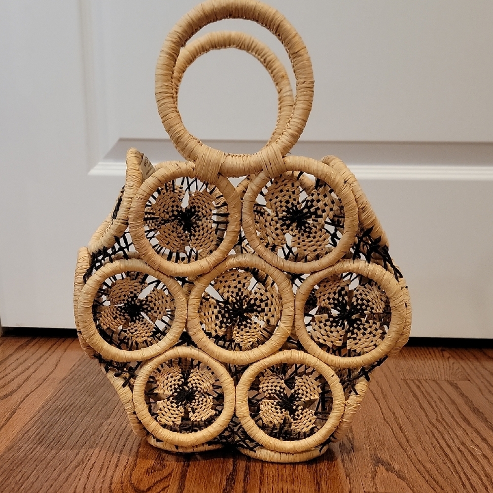 SHEBOBO 100% Raffia Handbag, Tan And Black, EUC!!